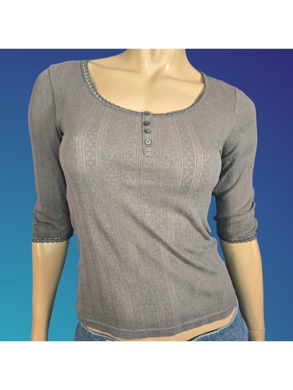 Y2K Ribbed Cotton Henley Top Size S Taupe Brown Fitted Grunge Fairy 2000s